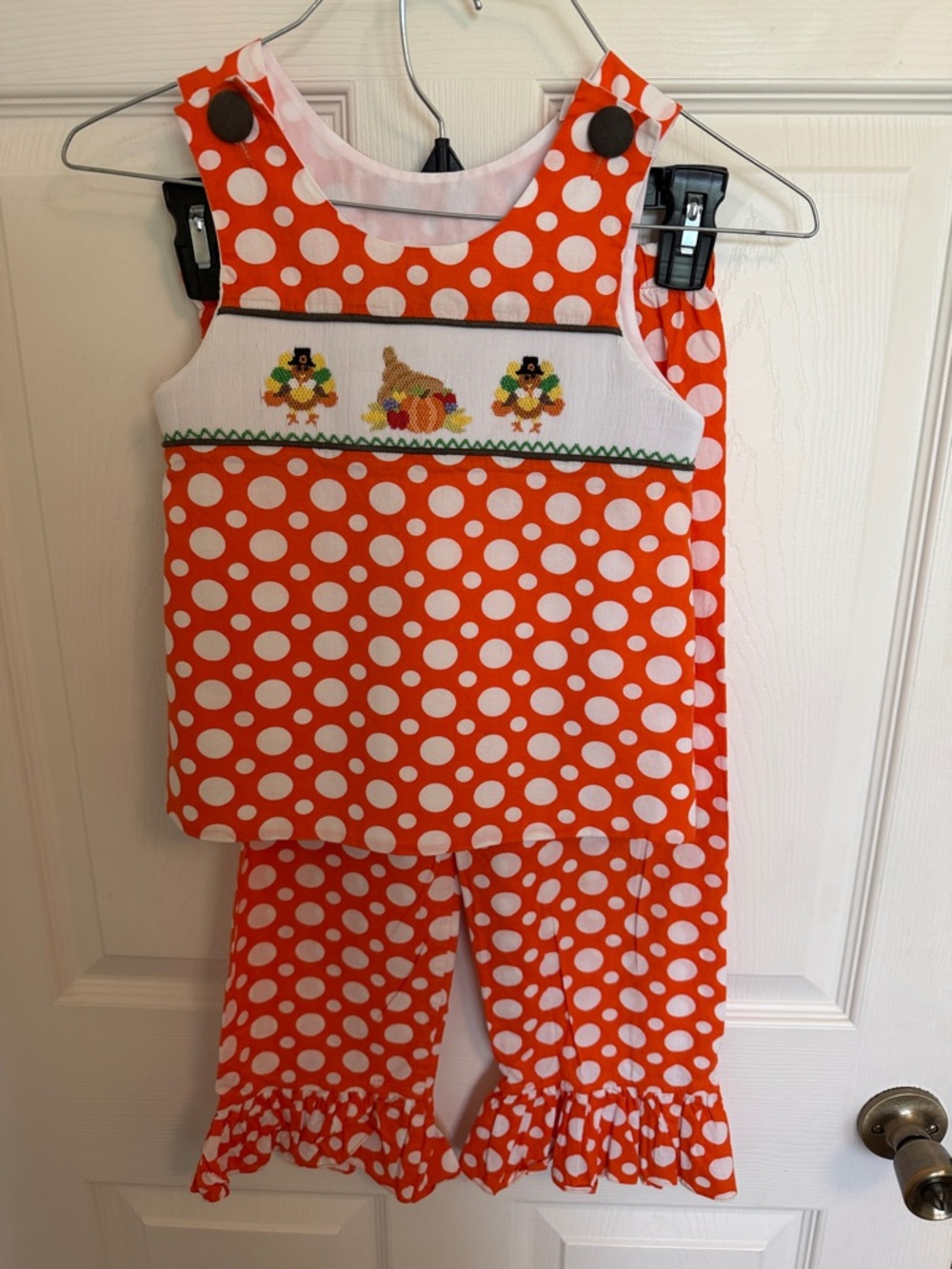 Girls Orange Polka Dot Smocked Top and Ruffle Pants Costume Set